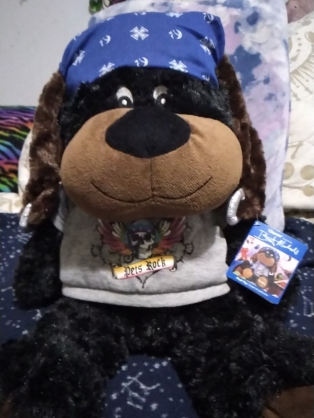 Bret Michaels Plush Black & Brown Dog with Blue Bandana and Gray Shirt